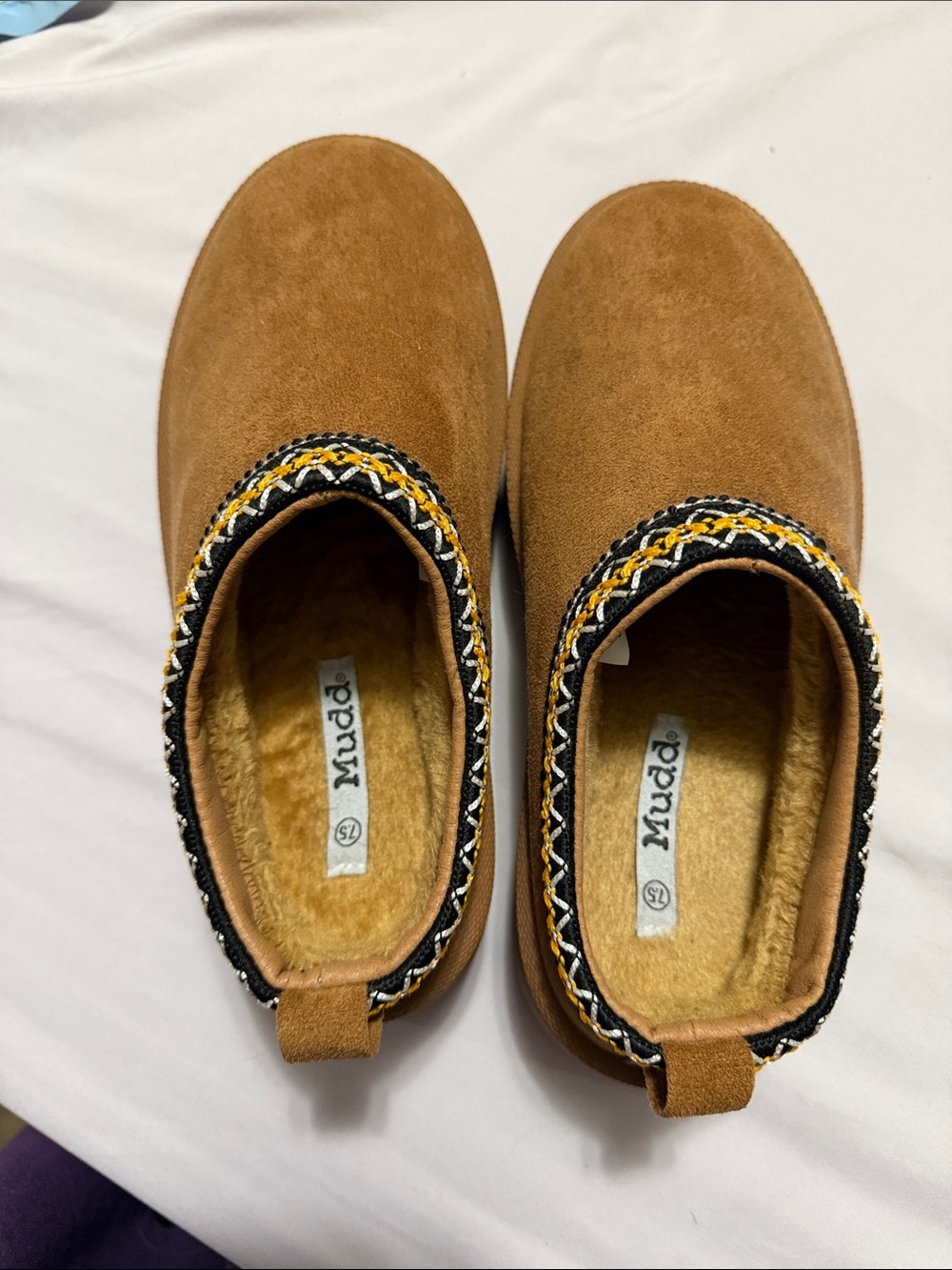 Mudd Brown Faux-Suede Slip-On Slippers with Braided Trim